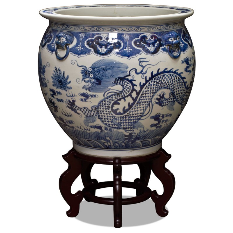 Blue & White Ceramic Vase On Wooden Stand