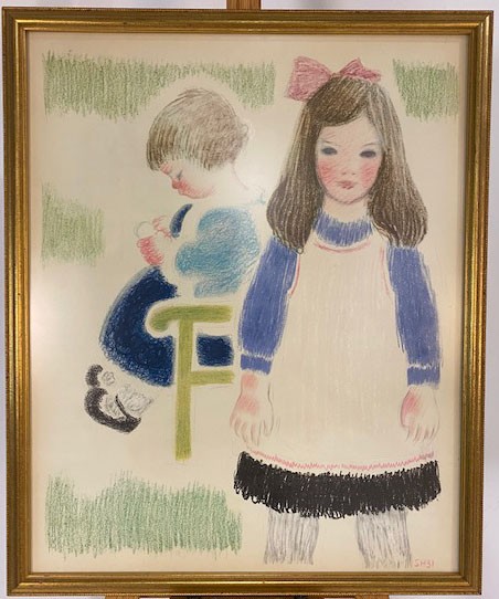 Framed Crayon Sketch of Children- Primitive Style