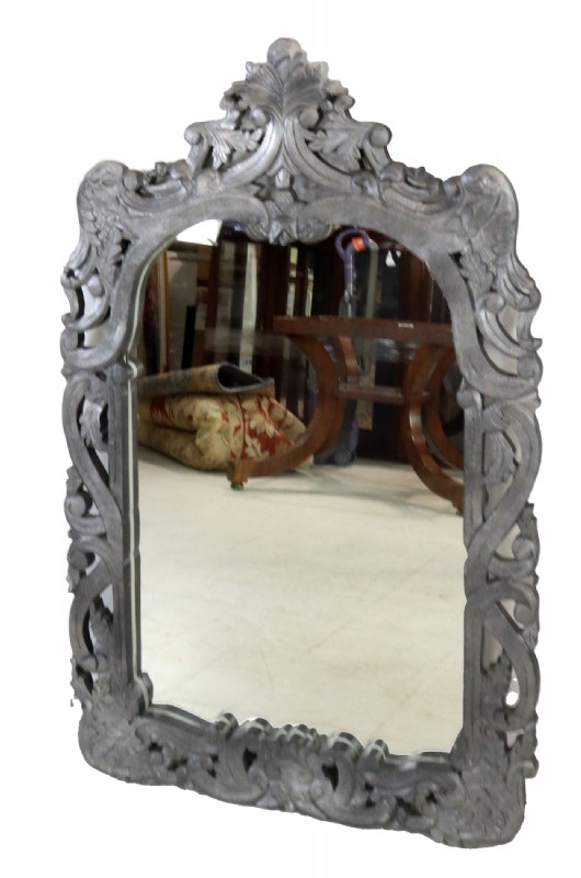 Antiqued Grey Painted Ornate Wooden Wall Mirror