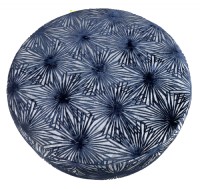 Blue Patterned Upholstered Round Ottoman with Grey